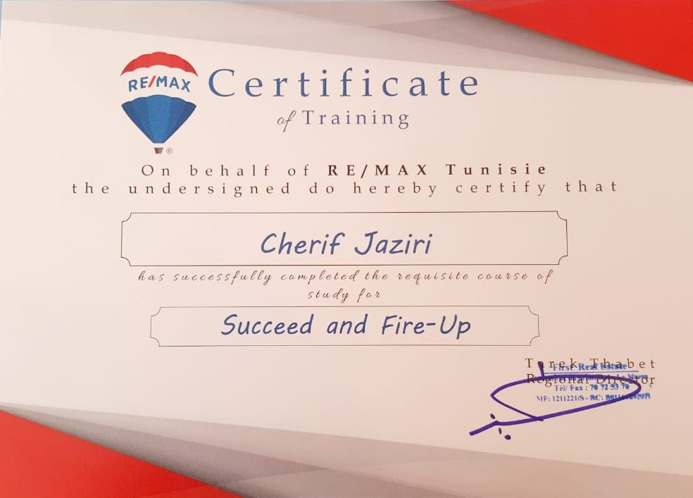 RE/MAX Certificate of Training - Succeed and Fire-Up